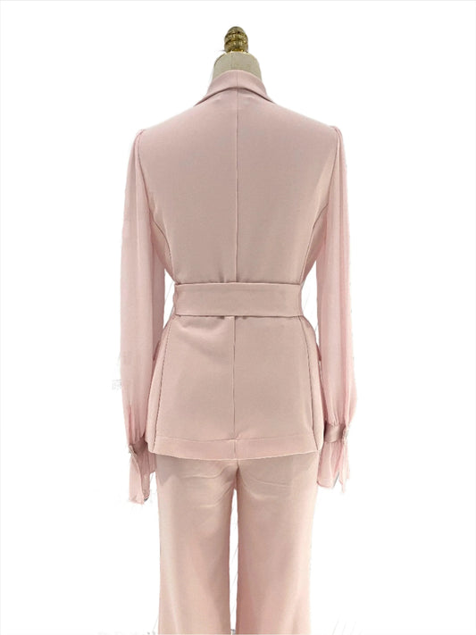 Belted Women Pant Suit, Spliced Sleeves -Guocali