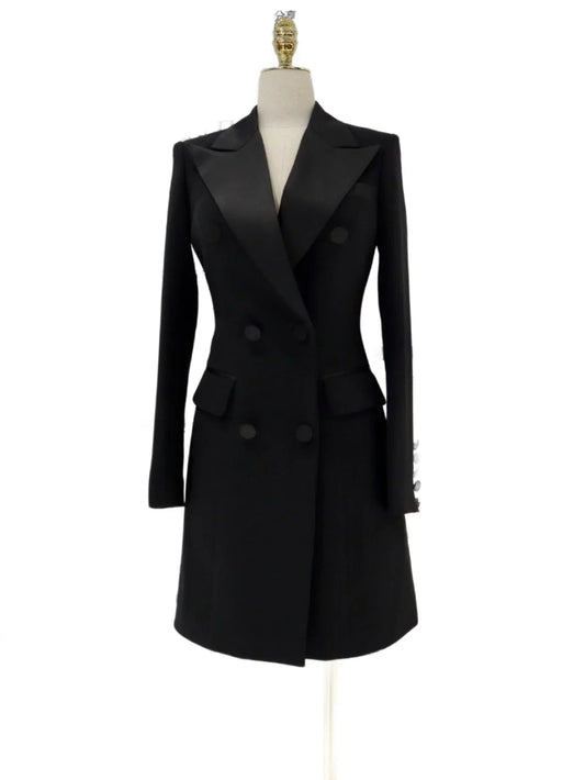 Black Blazer Dress, Satin Collar, Tuxedo Blazer -Guocali