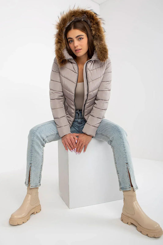 Women's Puffer Jacket - Hooded Chic, Casual - Beige