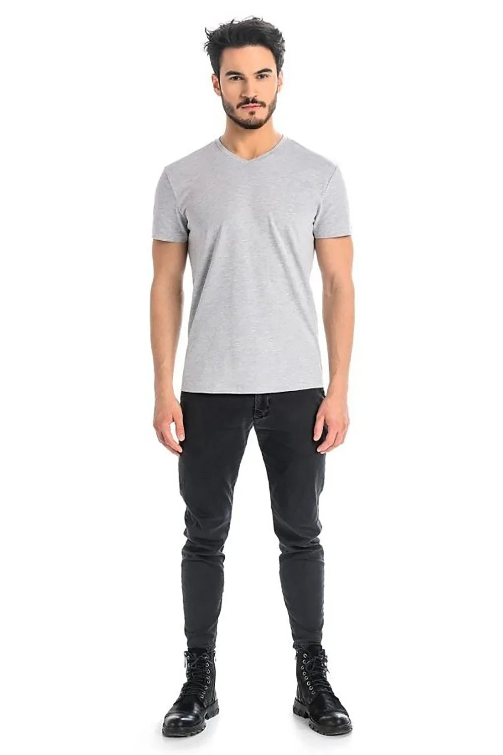 Men V-Neck Short-Sleeves T-Shirt – Stretchable - Gray