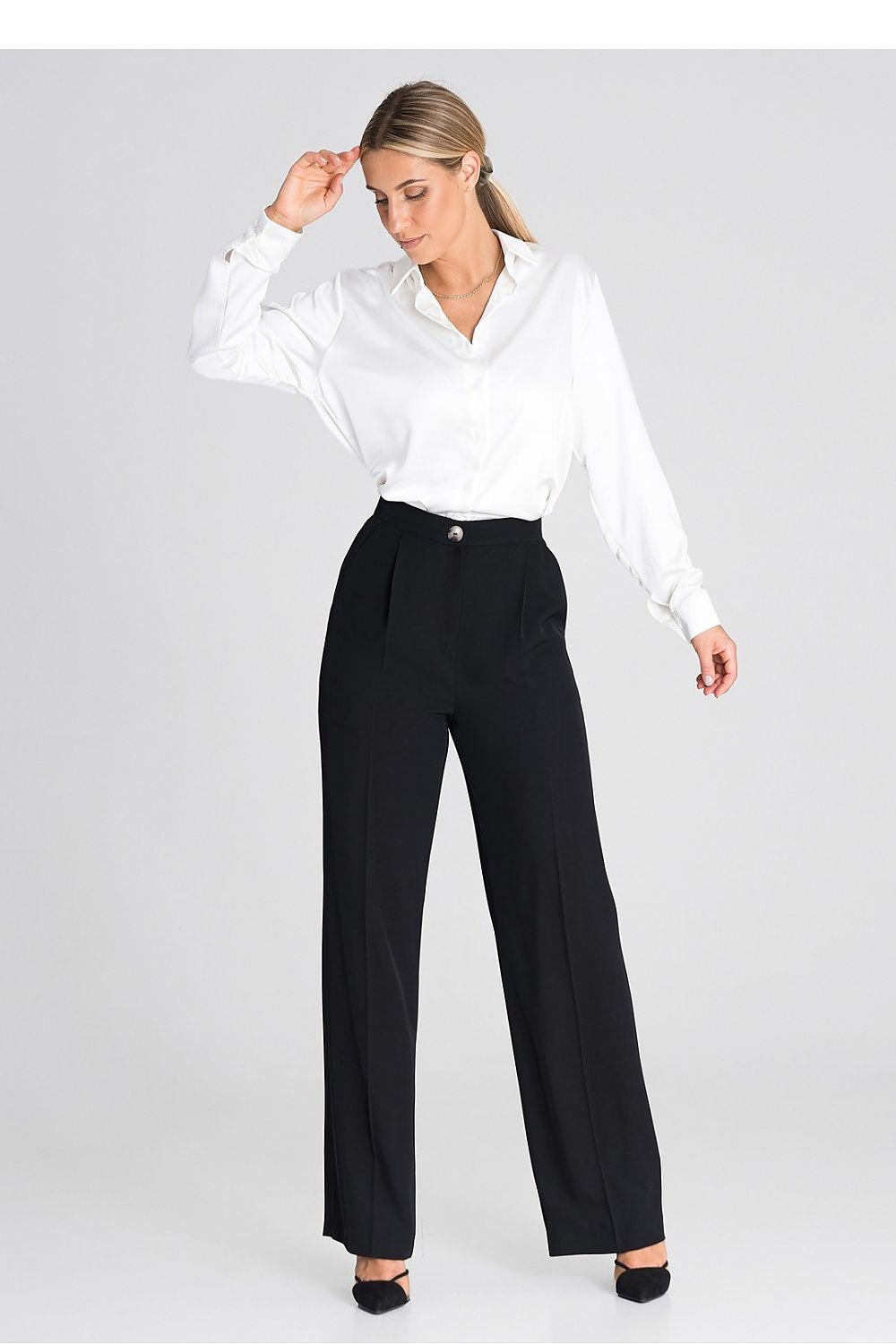 Professional Women's Wide-Leg Pants – High-Rise Button Front
