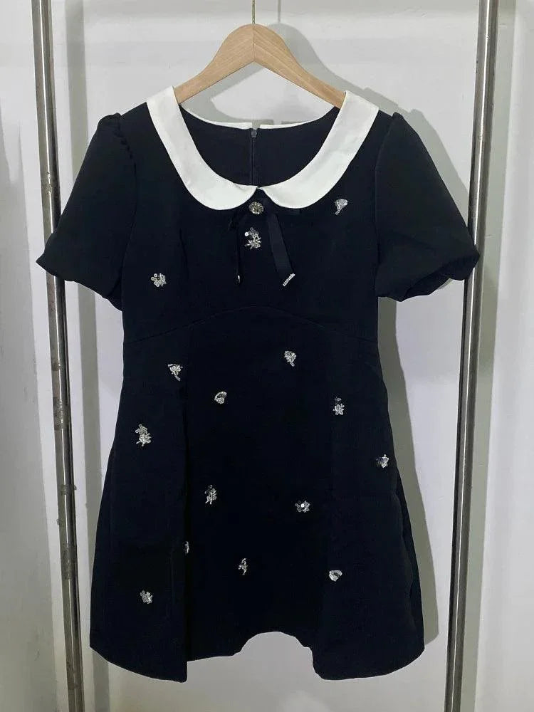 Diamond Studded Black A-Line Dress -Guocali
