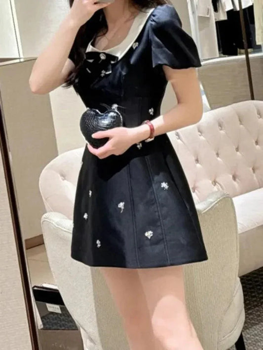 Diamond Studded Black A-Line Dress -Guocali