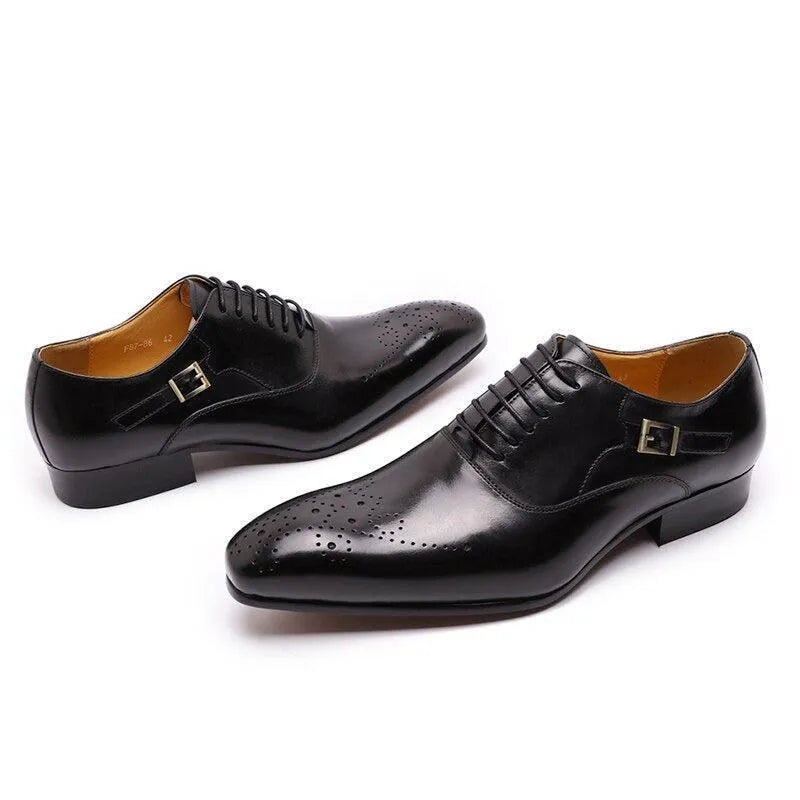Black leather men's dress shoes with lace-up design, buckle, and brogue detailing
