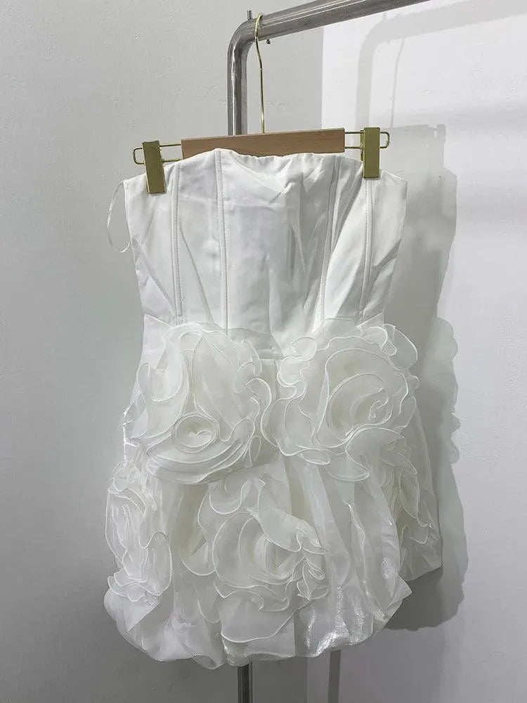 Elegant Strapless White Flower Short Dress -Guocali
