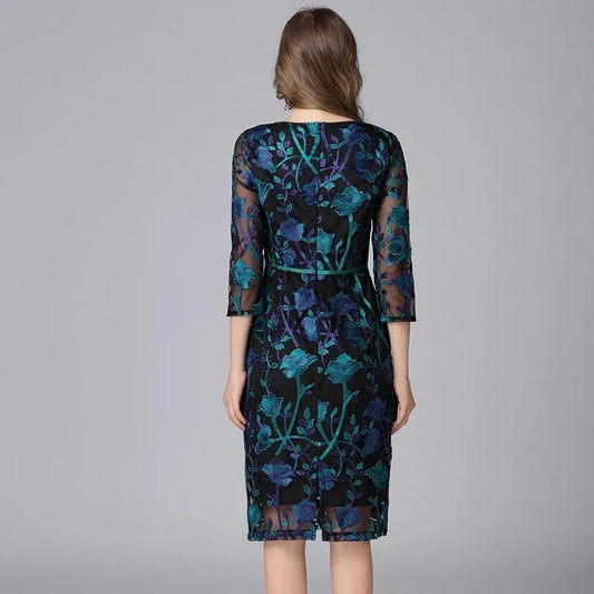 Embroidered Three-Quarter Knee-Length Lace Dress -Guocali
