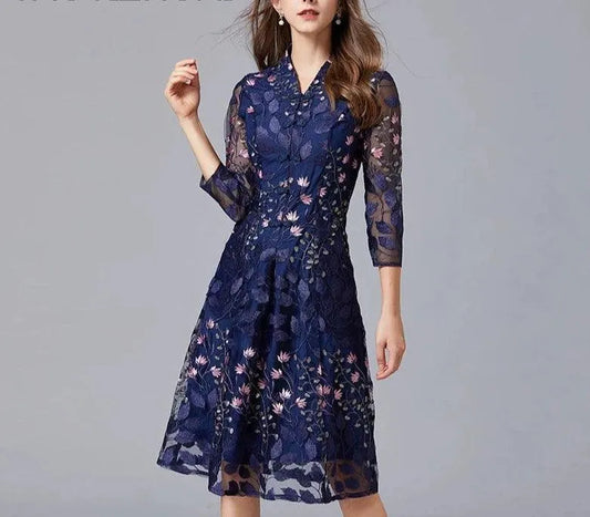 Embroidered V-Neck Floral Knee-Length Dress -Guocali