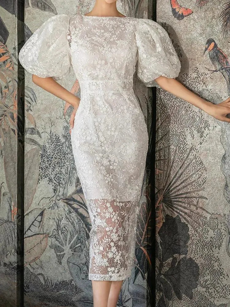 Fashion Bubble Sleeves Lace Sequin Long Dress -Guocali