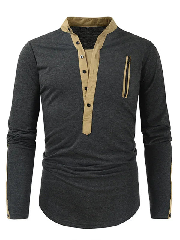 Men Henley Long-Sleeves T-Shirt – Breathable - Green, Beige