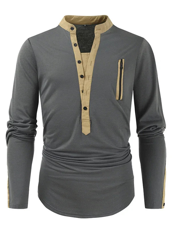 Men Henley Long-Sleeves T-Shirt – Breathable - Green, Beige