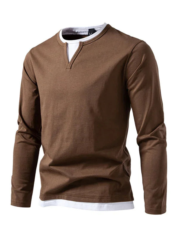 Men V-Neck Long-Sleeves T-Shirt – Stretchable - Gray, White