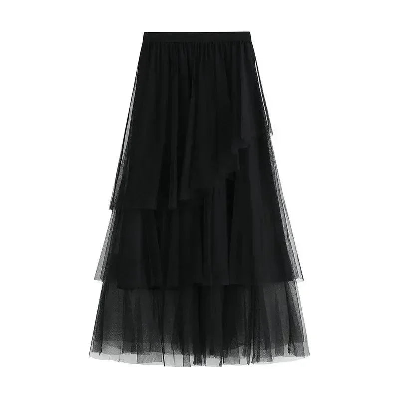 Irregular Mesh High-Waisted Long Skirt -Guocali
