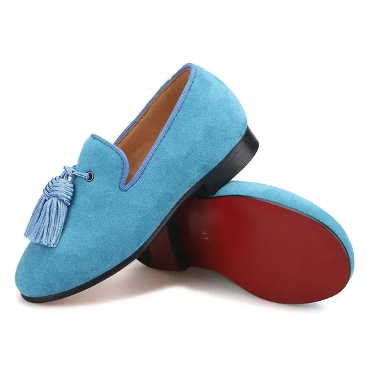 Kids Loafers Sky Blue Suede Kids' Tassel Loafers -Guocali