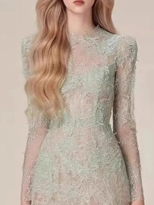 Lace Long Sleeve 3D Petal Dress – Elegant A-Line Short Dress -Guocali