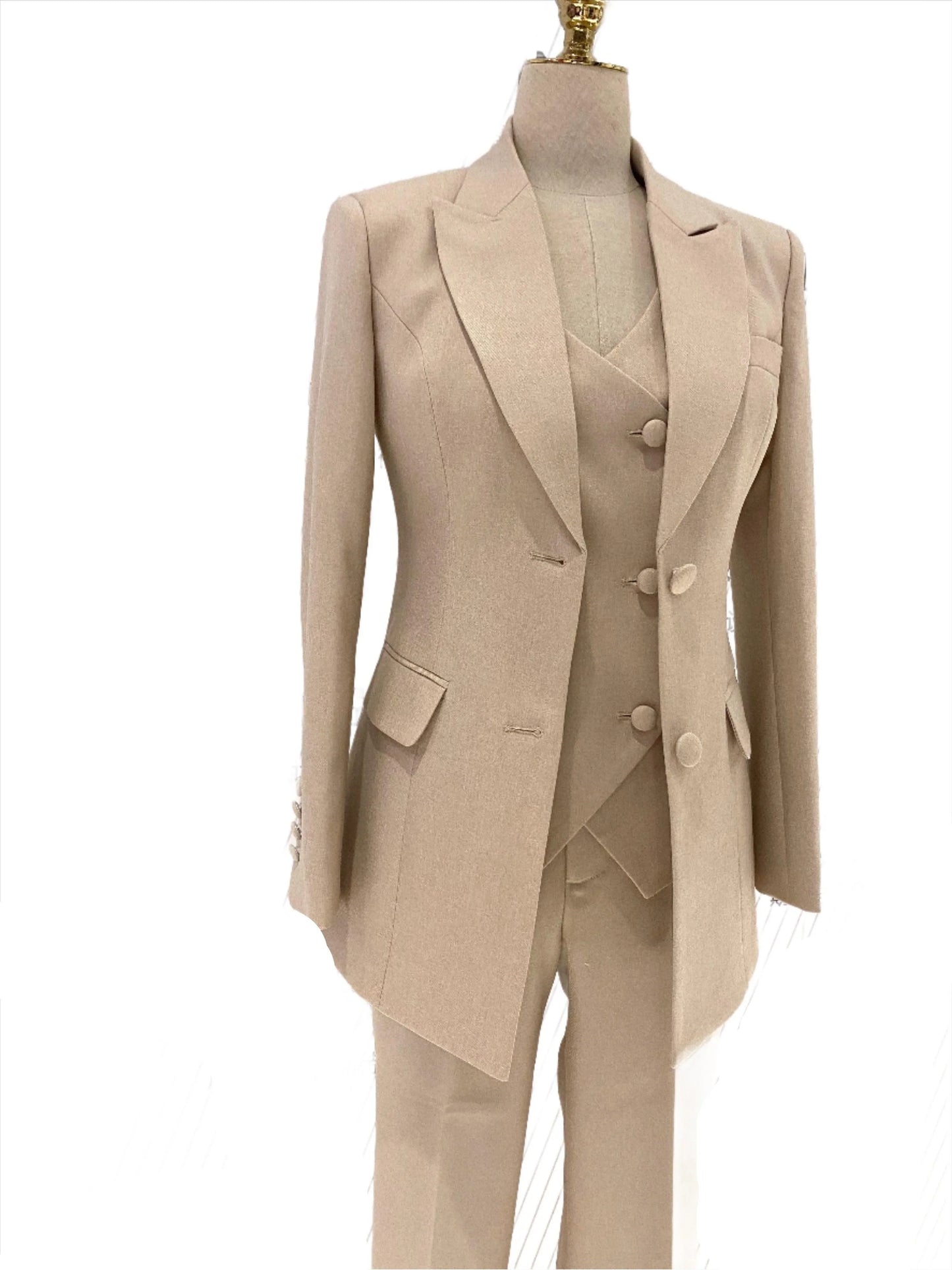 Light Khaki Women Pant Suit - Three Piece Trouser Suit -Guocali