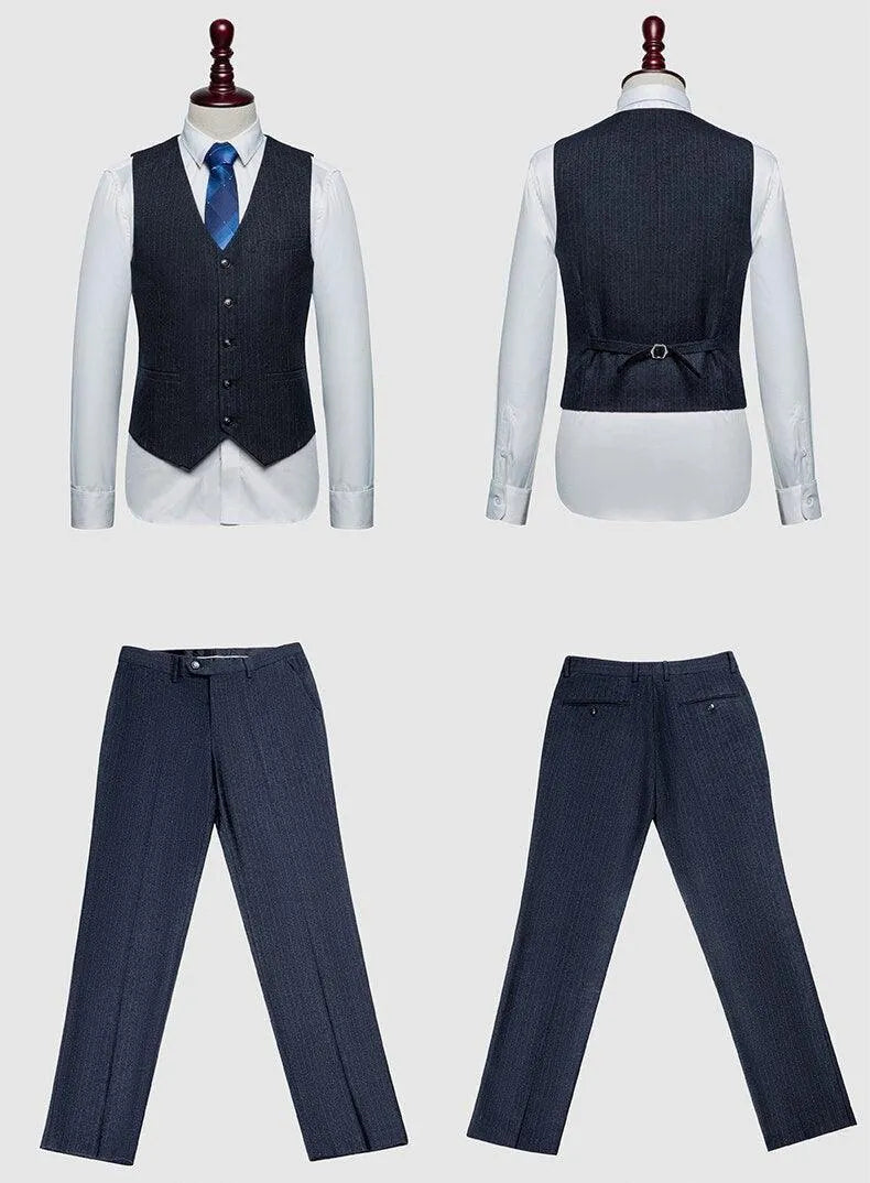Men's blue pinstripe three-piece suit vest and pants set on white background