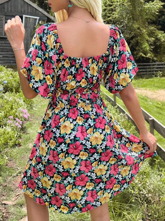 Off-Shoulder Ruffle Printed Dress -Guocali