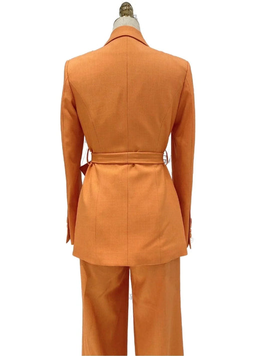 Orange Women Pant Suit - Wide Leg Belted Trouser Suit -Guocali