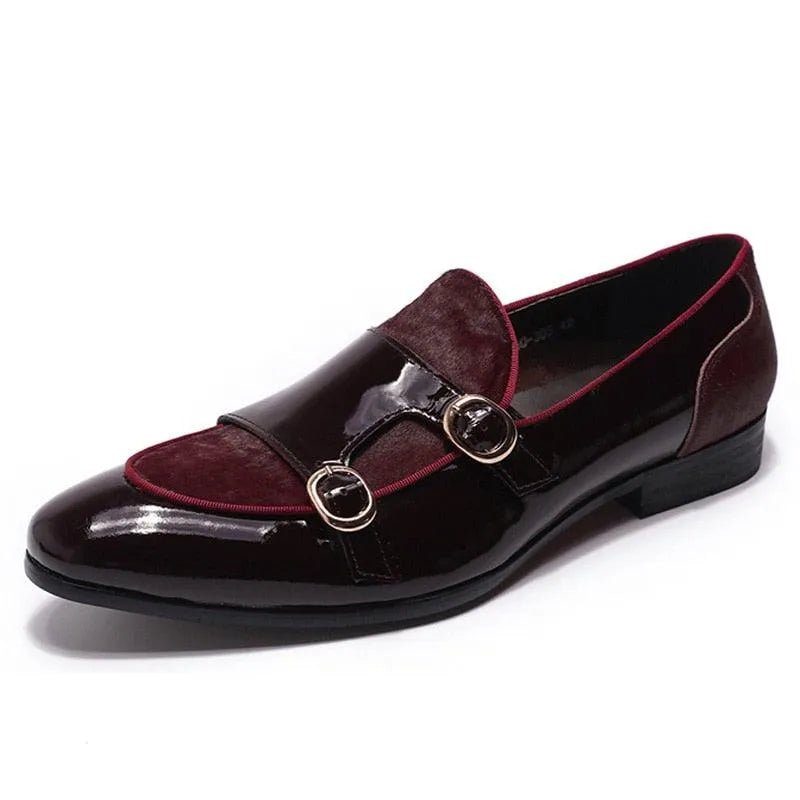 men monk strap shoes - patent leather, leather, rubber