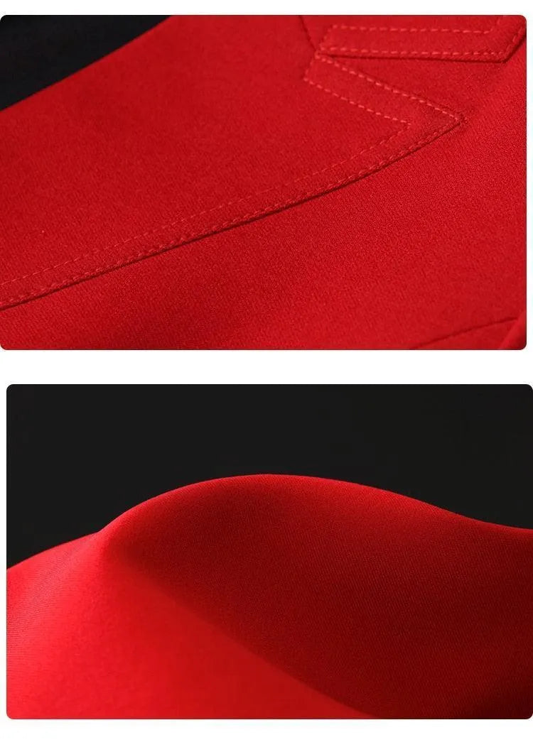Close-up of red black pantsuit fabric and stitching, smooth texture, tailored details