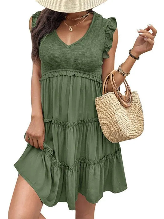 Solid V-Neck Ruffle Dress -Guocali