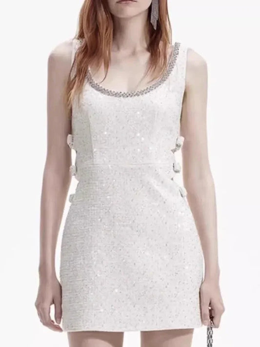 U-Neck Studded Diamond Bow Dress -Guocali