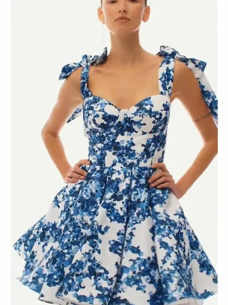 Vacation Style Lace-Up Square Neck Floral Short Dress -Guocali