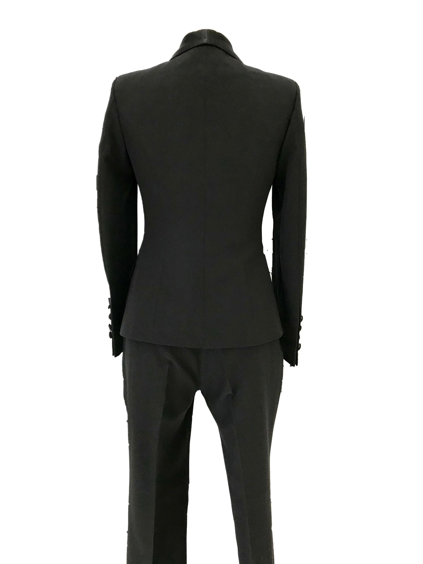 Back view of black women's wedding tuxedo pantsuit with tailored blazer and trousers