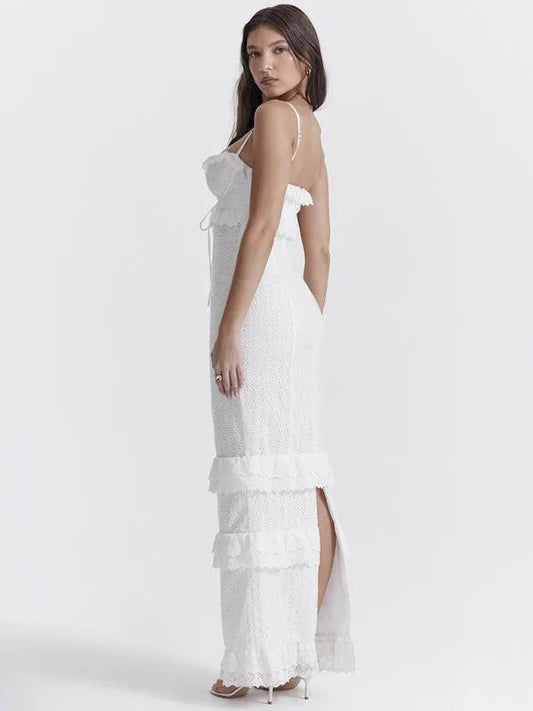White Hook-and-Loop French Maxi Dress -Guocali