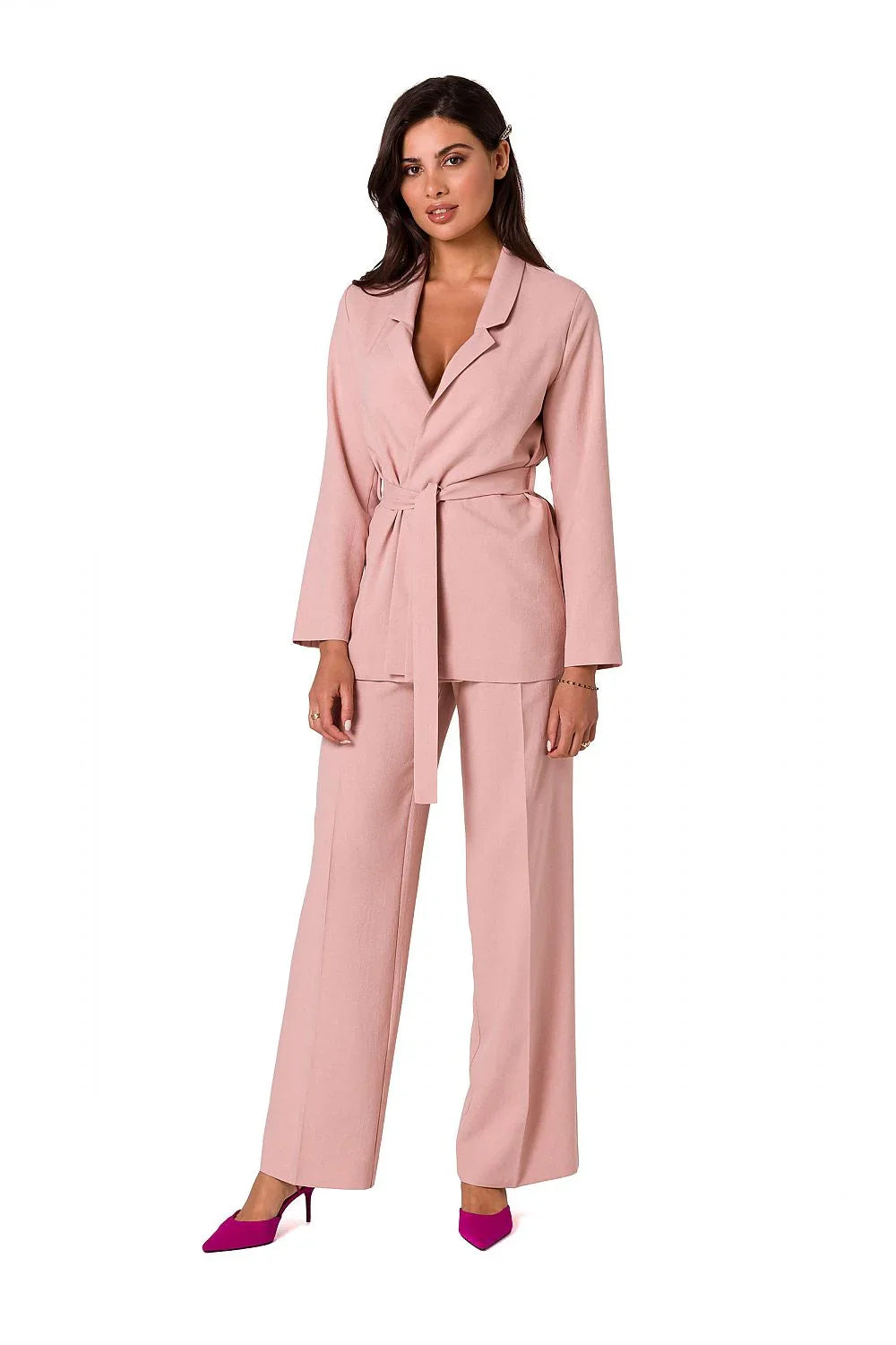 Women Blazer - Breathable - Wrap, Belted - Pink -Guocali