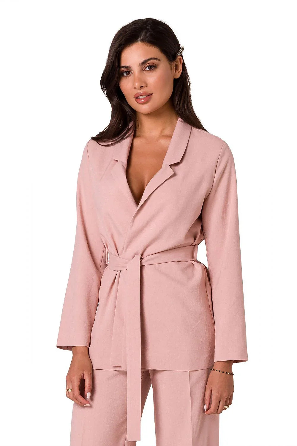 Women Blazer - Breathable - Wrap, Belted - Pink -Guocali