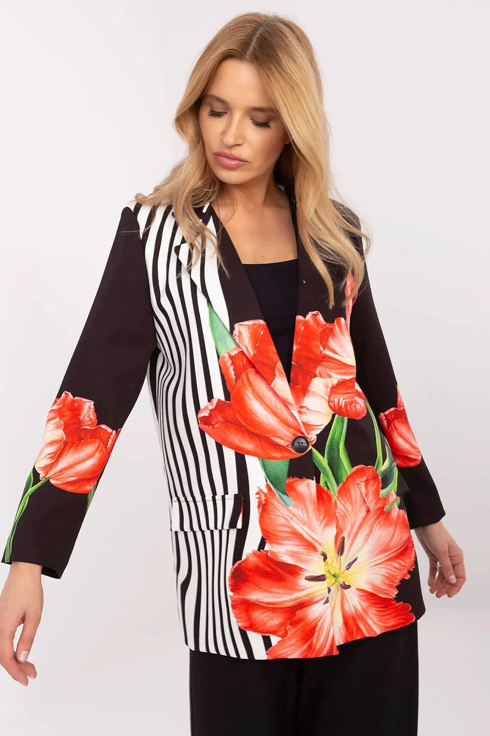 Women Blazer - Lightweight - 1-Button - Black, Multicolor -Guocali