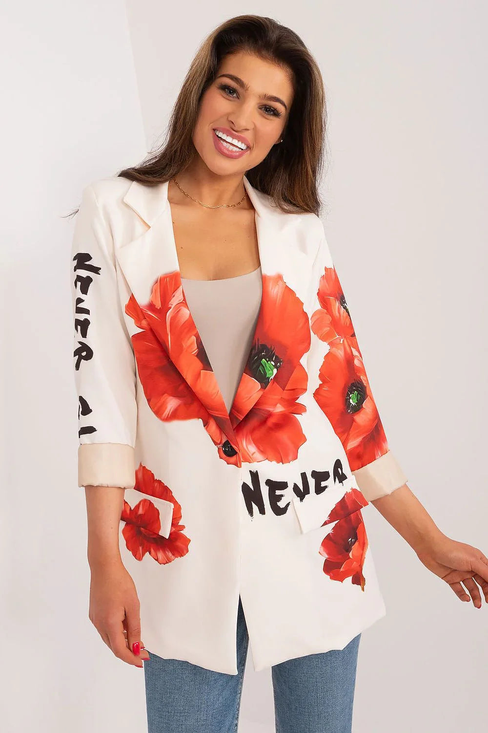 Women Blazer - Lightweight - Button - Beige, Multicolor, Red, Green, Black -Guocali