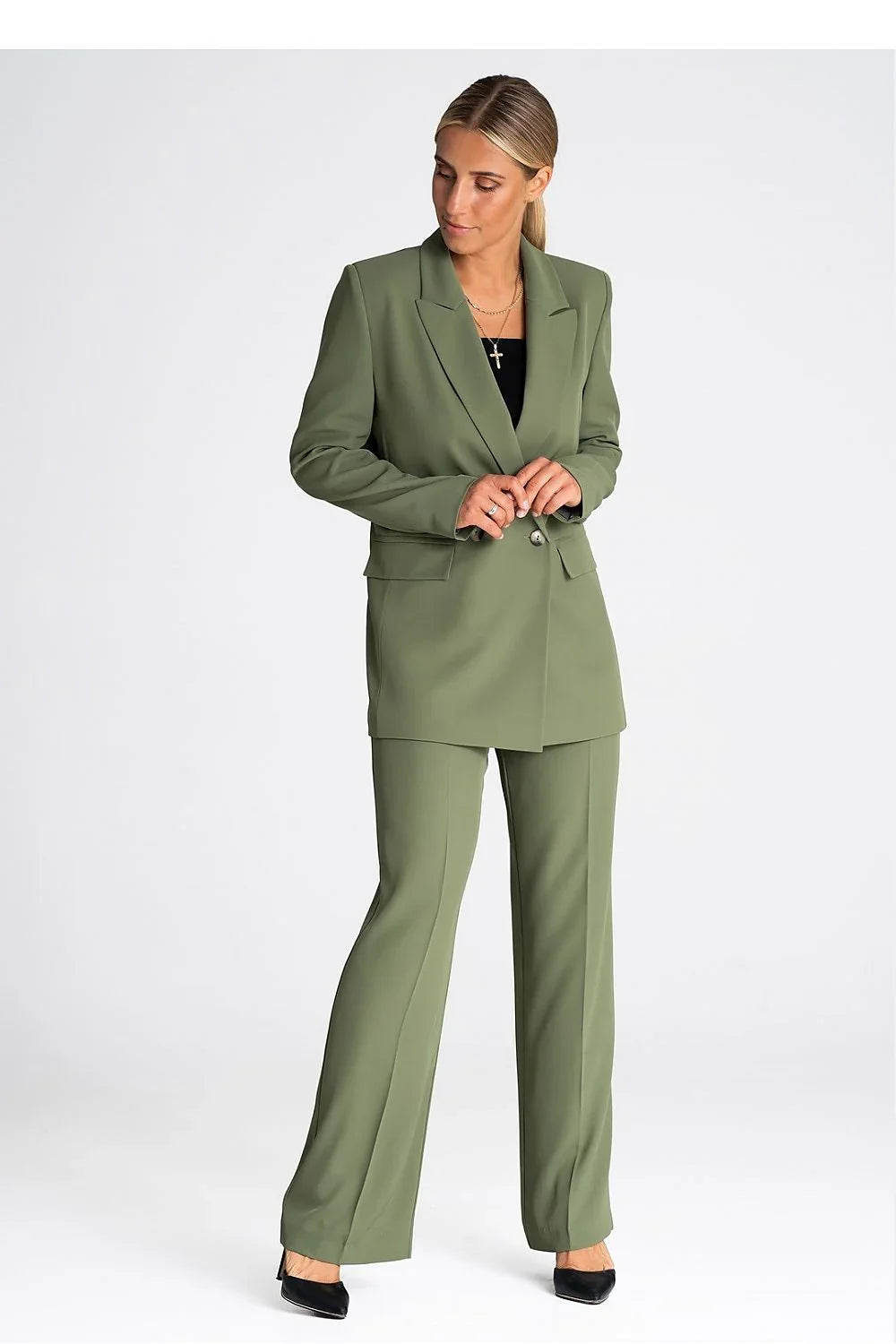 Women Blazer - Lightweight - Double-Breasted - Green -Guocali