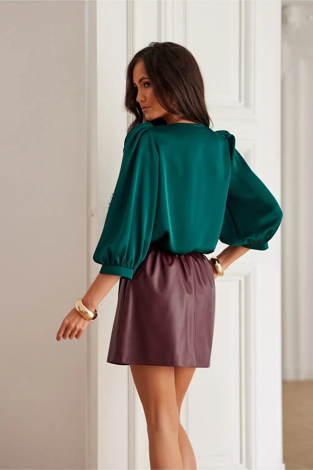 Women Blouse – Lightweight – Puff Sleeve, Three-Quarter Sleeve - Green -Guocali