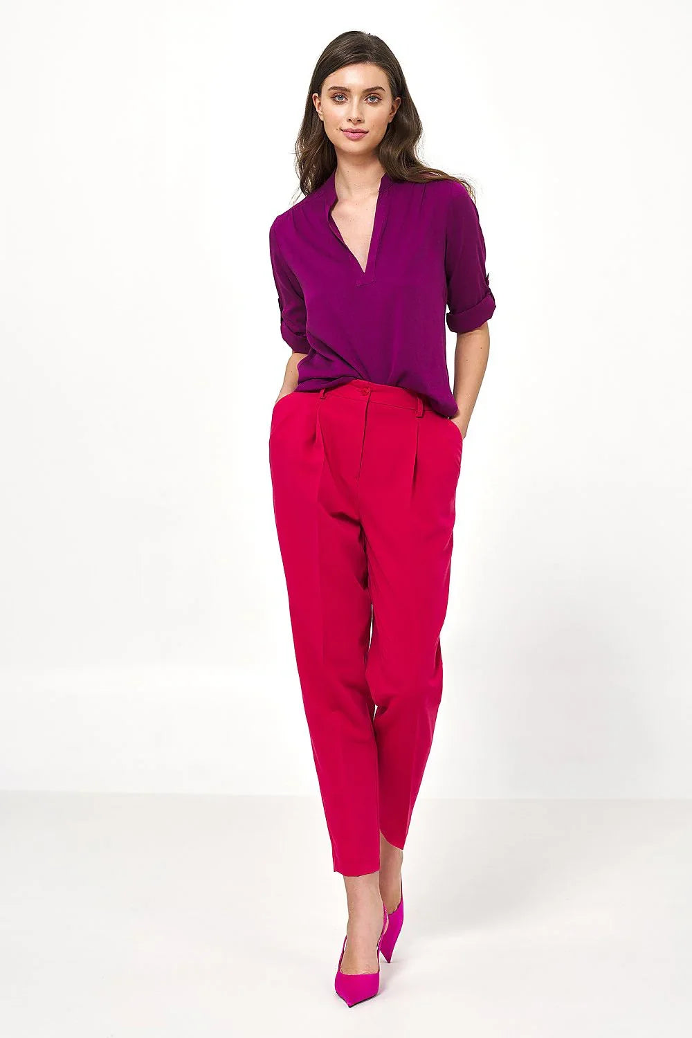Women Blouse – Lightweight – Rolled-Up Sleeves - Purple -Guocali