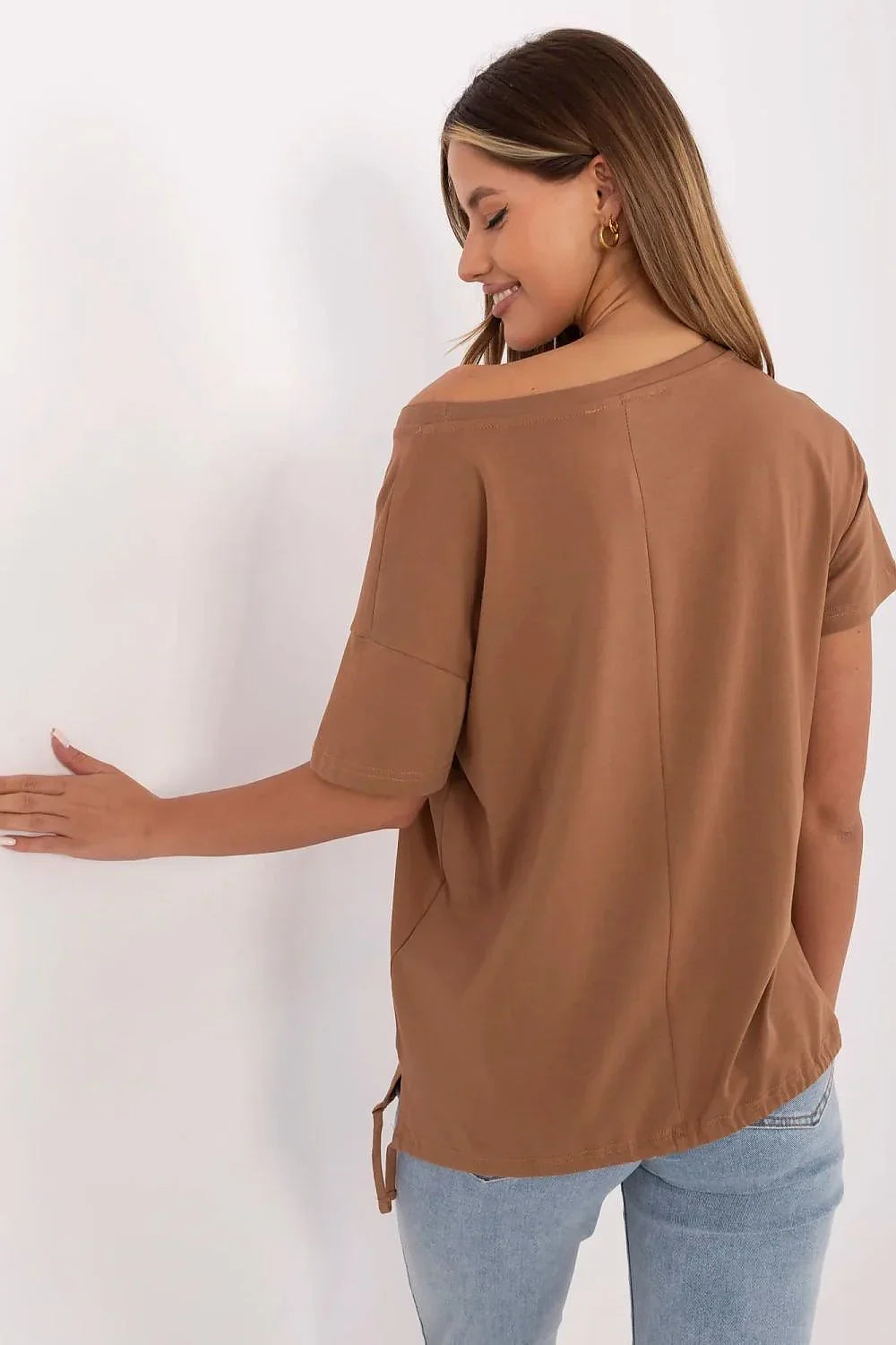 Women Boat-Neck Short-Sleeves T-Shirt – Stretchable - Brown -Guocali