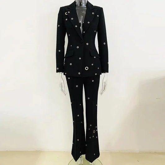 Women Pant Suit - Grommet Lapel Blazer Trouser Suit -Guocali