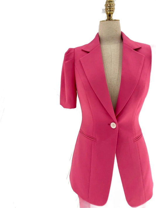 Women Pant Suit - Rose Red One-button Trouser Suit -Guocali