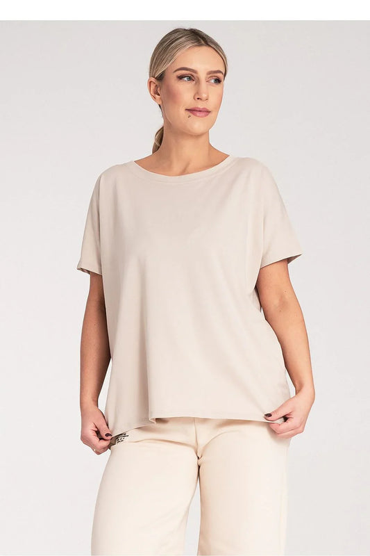 Women Round-Neck Short-Sleeves T-Shirt – Stretchable - Beige -Guocali