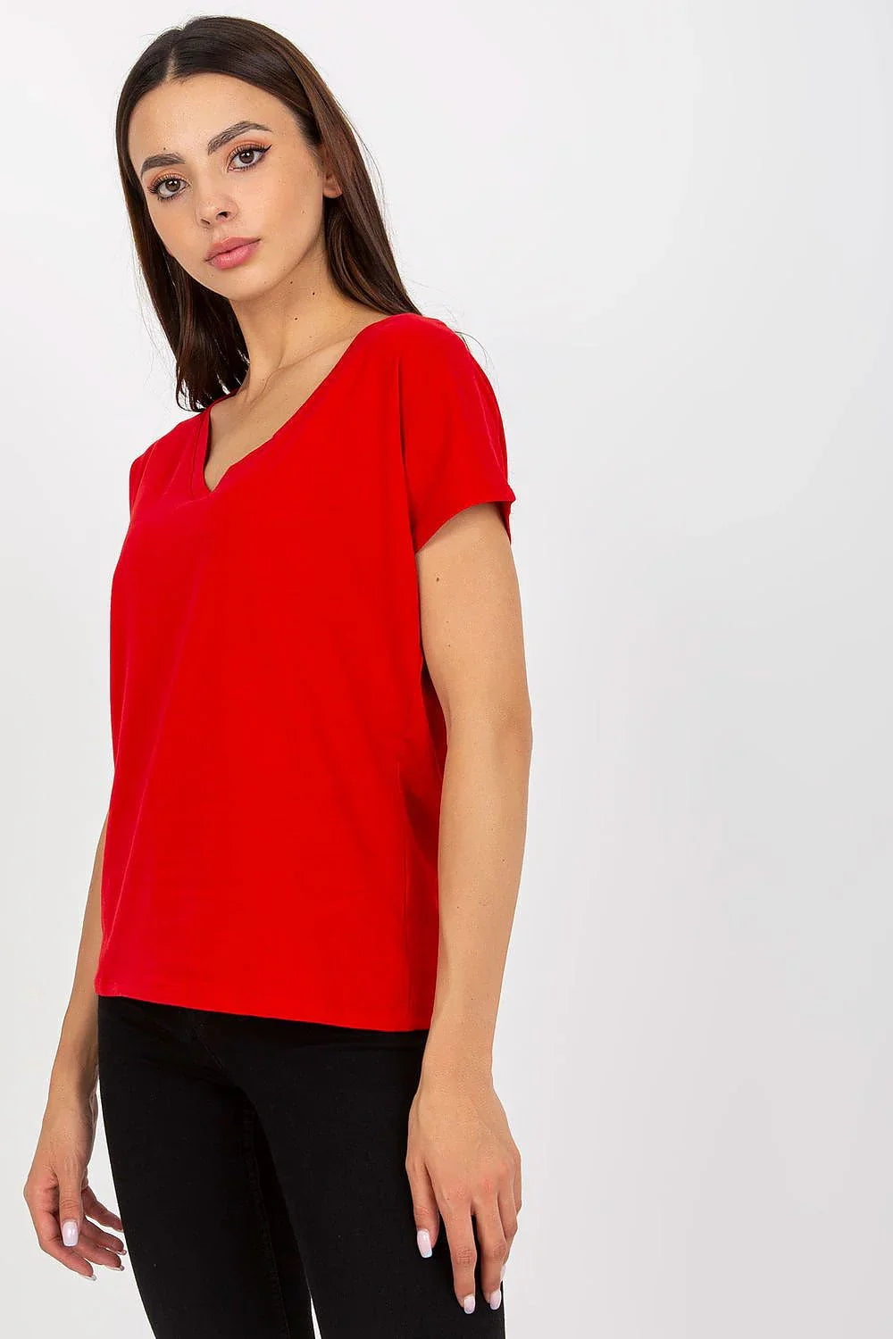 Women V-Neck Short-Sleeves T-Shirt – Stretchable - Red -Guocali