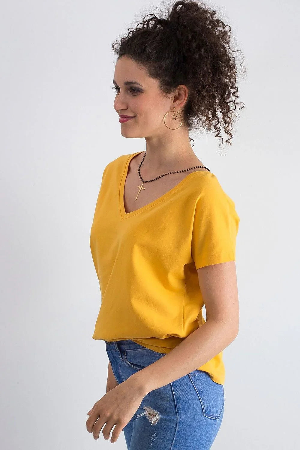 Women V-Neck Short-Sleeves T-Shirt – Stretchable - Yellow -Guocali