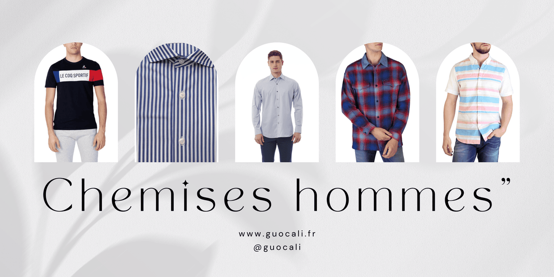 Men’s shirts by Guocali in various styles, including casual, striped, and plaid, on white background.