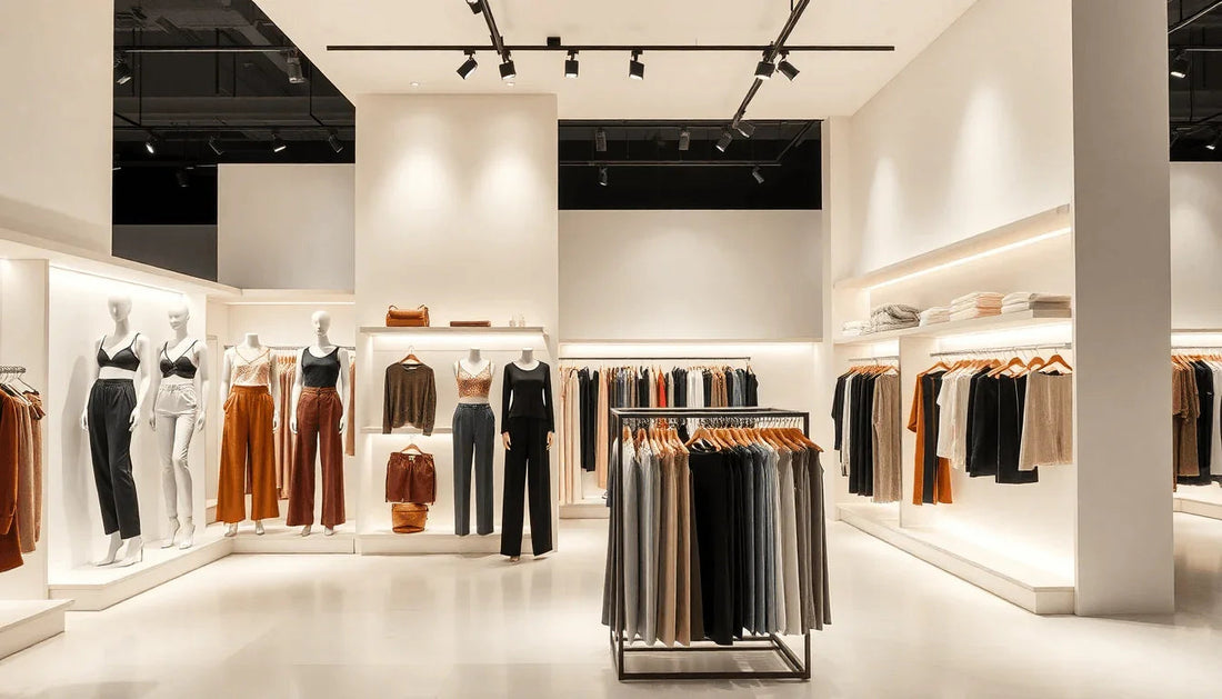 Modern GUOCALI boutique interior with mannequins wearing women's designer pants and tops