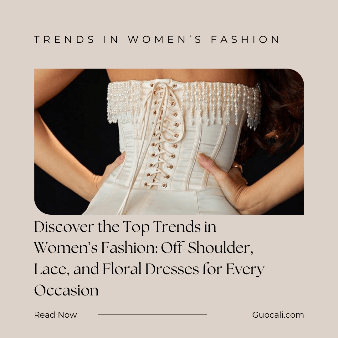 Woman in off-shoulder lace-up dress with pearl trim, trending women's fashion styles.