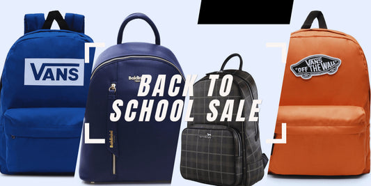 Back to school sale banner with Vans, Baldinini, and designer backpacks on display