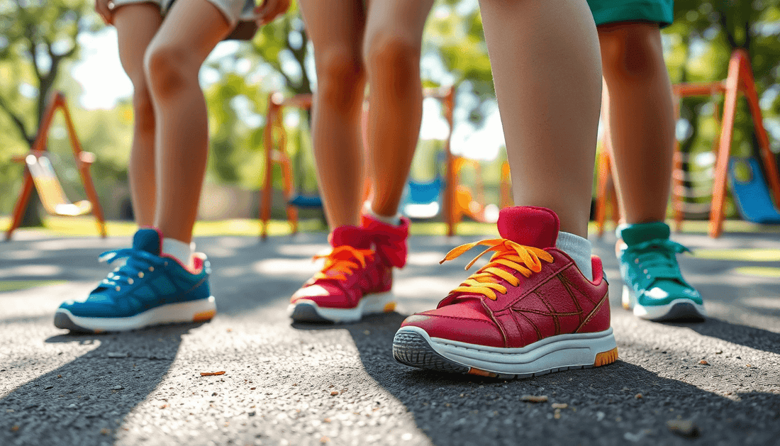 Kids wearing colorful sneakers at a playground, showcasing 2024 footwear trends by GUOCALI.