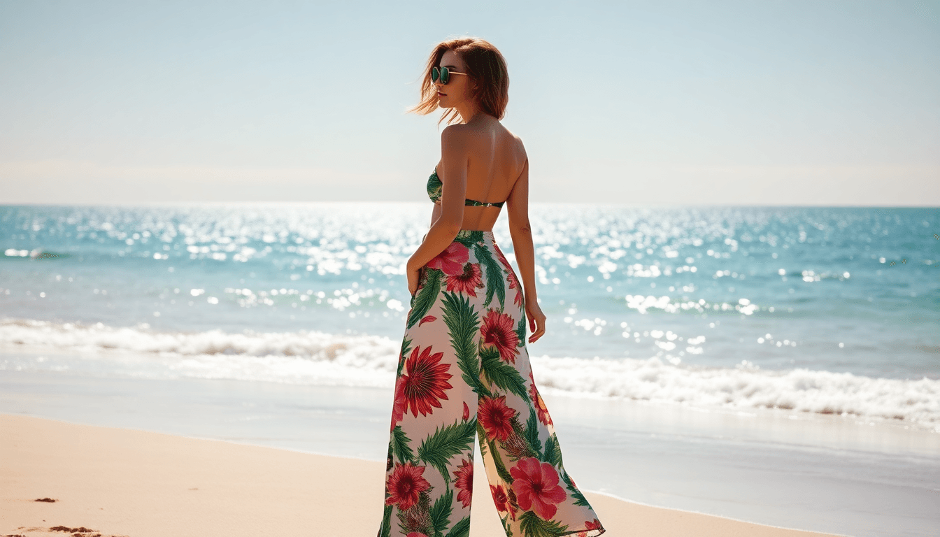 Woman in floral GUOCALI beach pants and bikini top on sunny beach, summer luxury fashion