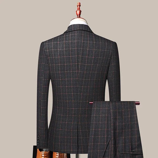 3-Piece Black Men’s Suit - Plaid Business Style -Guocali