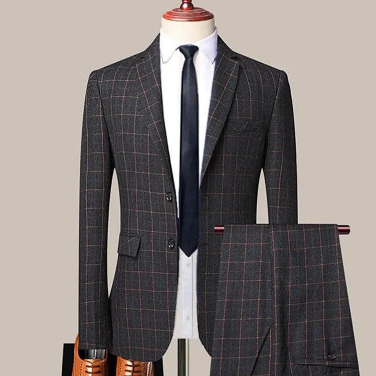 3-Piece Black Men’s Suit - Plaid Business Style -Guocali